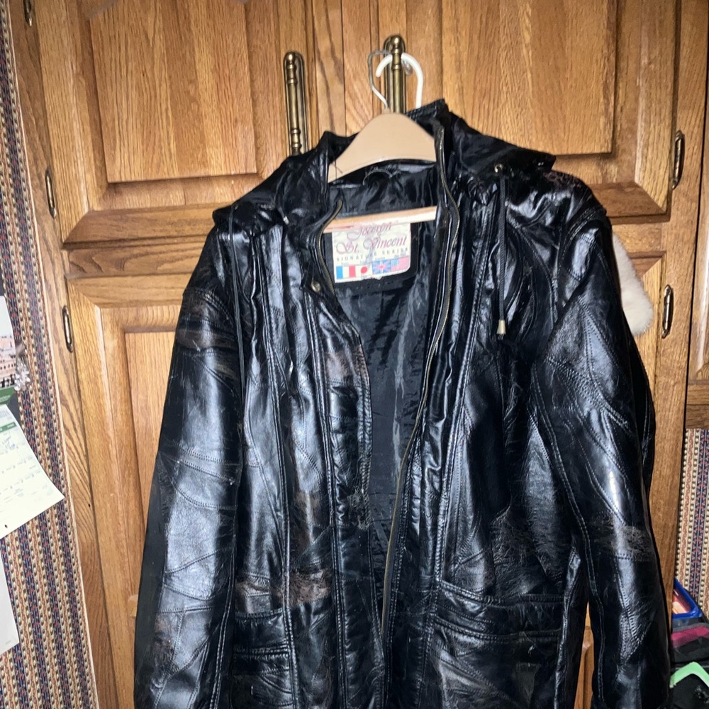 Patch leather hooded coat in great condition.